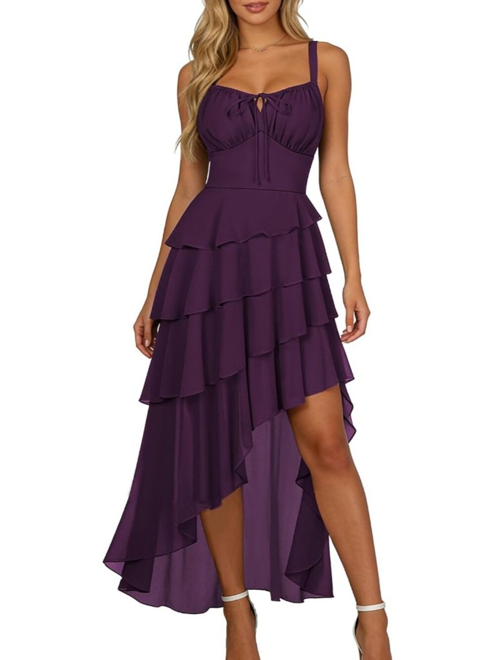 Women's Crown Jewel Hi Low Layer Ruffle Tie Ruched Chiffon Cocktail Maxi Dress